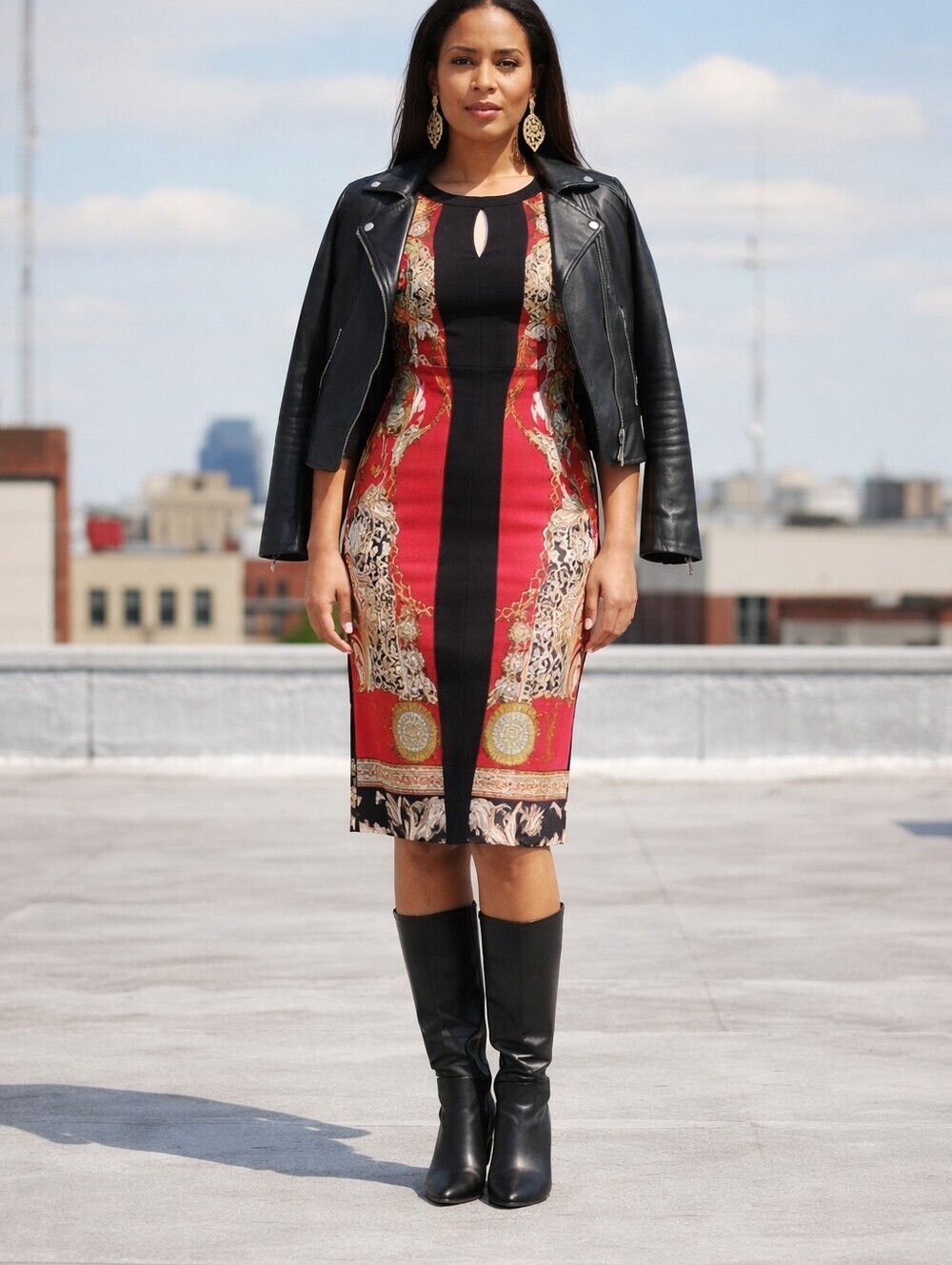 Evo Vorro Black Red Gold Stretch Dress USA Large